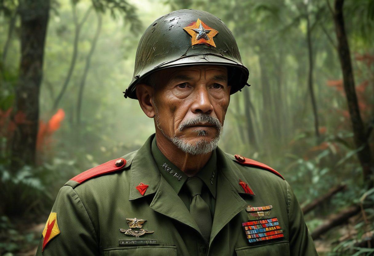 A powerful scene depicting a Vietnam veteran in uniform recounting his battlefield stories, surrounded by haunting imagery of a dense jungle and distant explosions. Portraits of camaraderie and valor showcased through portraits of diverse veterans, blending emotions of bravery and nostalgia. Incorporate elements of medals and memorials in the background to reflect honor and remembrance. The color palette should include muted greens and browns to evoke the Vietnam War atmosphere with splashes of bright reds to symbolize courage. super-realistic. vibrant colors. 3D.