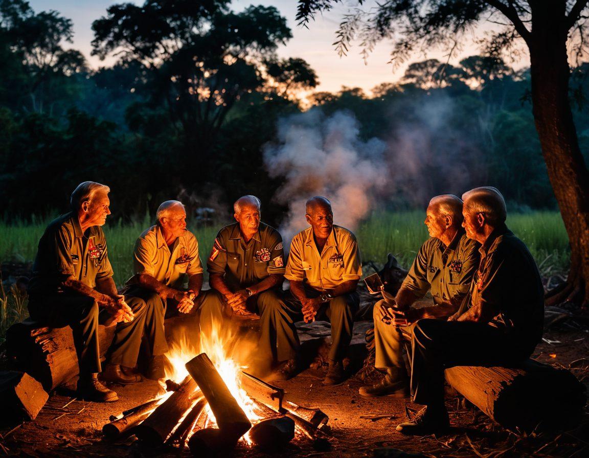 A poignant scene capturing a diverse group of Vietnam War veterans sharing their stories around a campfire at dusk, with silhouettes of lush jungle in the background. Include elements like an American flag subtly waving and photographs hanging on a nearby tree, representing their memories. The warm light from the fire should highlight their expressions of camaraderie and resilience. emotive storytelling. warm colors. soft focus.