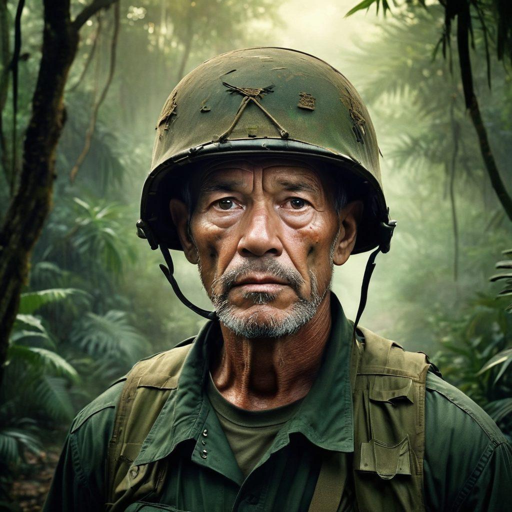 A powerful illustration of a Vietnam veteran sharing his story, set against a backdrop of dense jungle and a war-torn landscape. The scene captures emotional intensity, with dramatic lighting emphasizing the veteran's face as he recalls memories, surrounded by elements of military history like a worn-out helmet and faded photographs. Include a sense of resilience and hope in the atmosphere. super-realistic. vibrant colors. dramatic lighting.